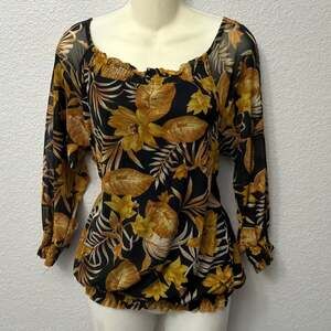 A Love Story Black and Gold Tropical Floral Smocked Neck Blouse